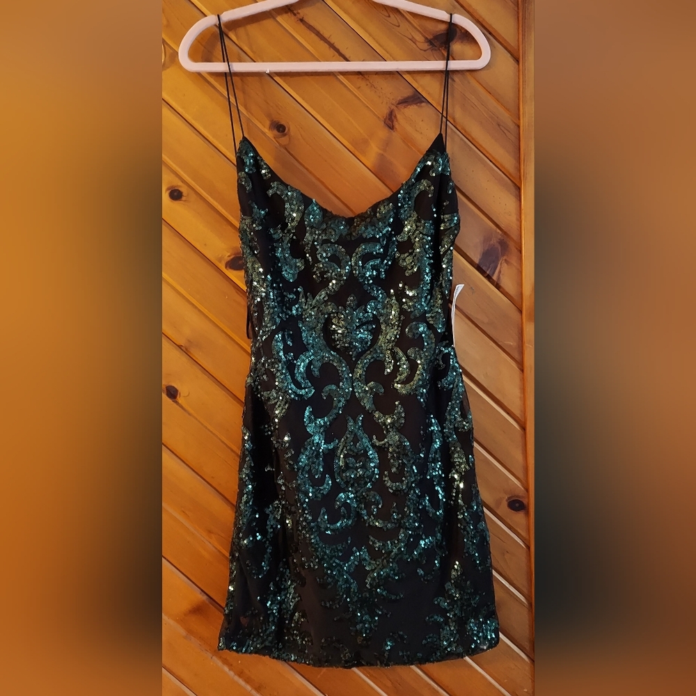 Juniors Sequin Black and Green Dress